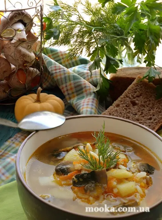 Суп овощной с шампиньонами и рисом в скороварке