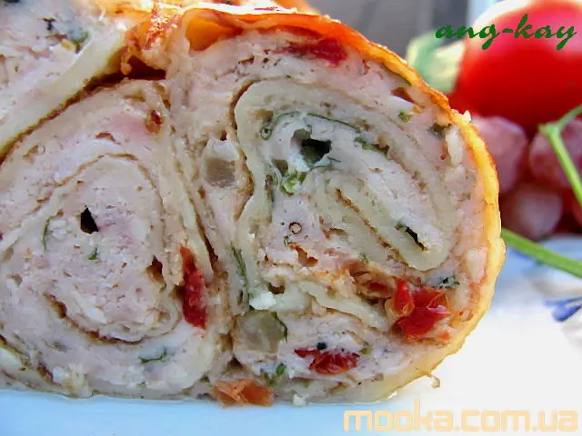 Курица фаршированная блинами